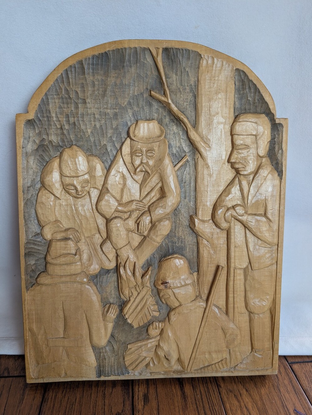Hand Carved Wood Folk Art Wall Plaque Campfire Scene Cabin Decor Rustic Decor